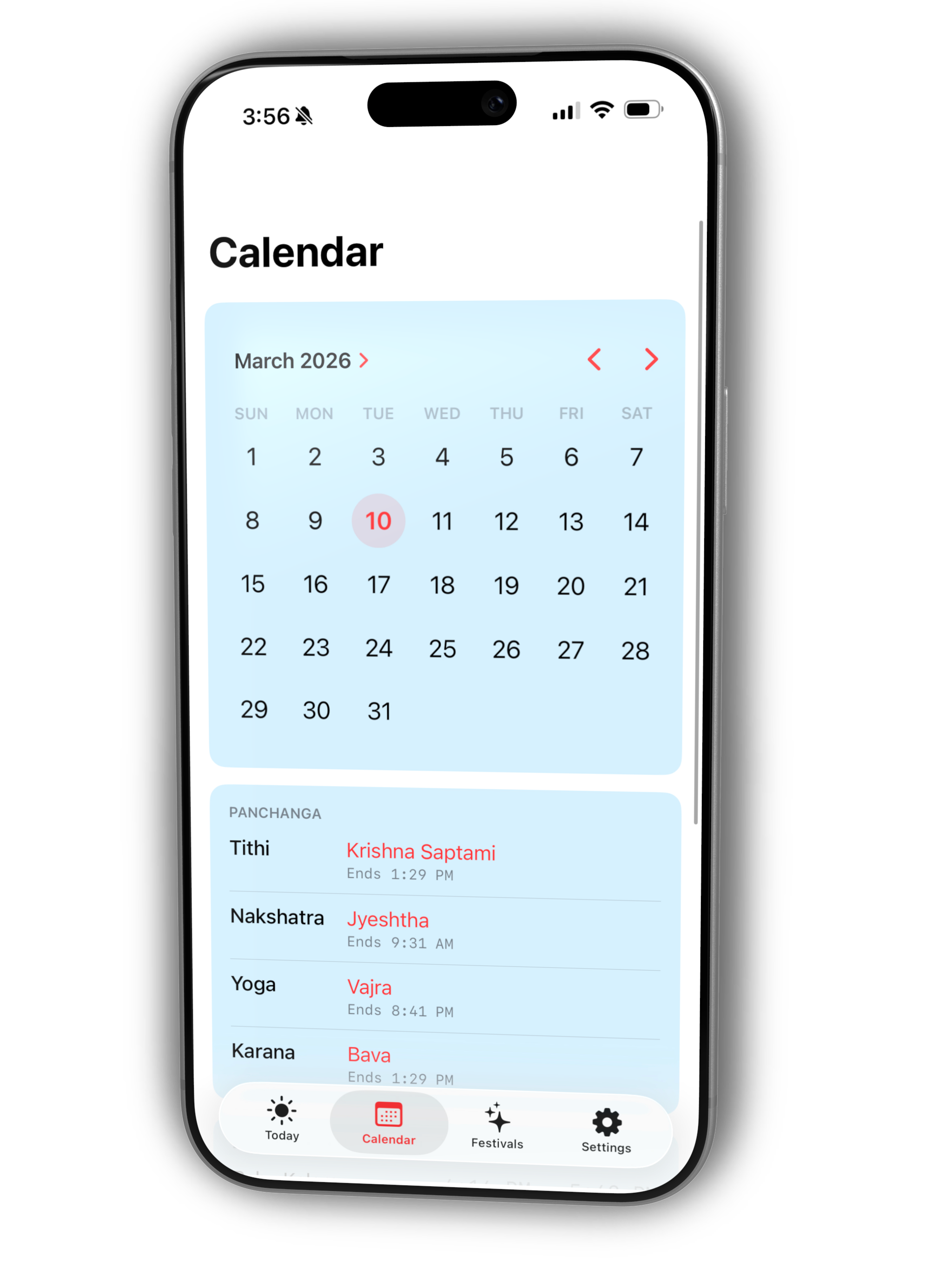 Calendar screen with month navigation and Panchanga details
