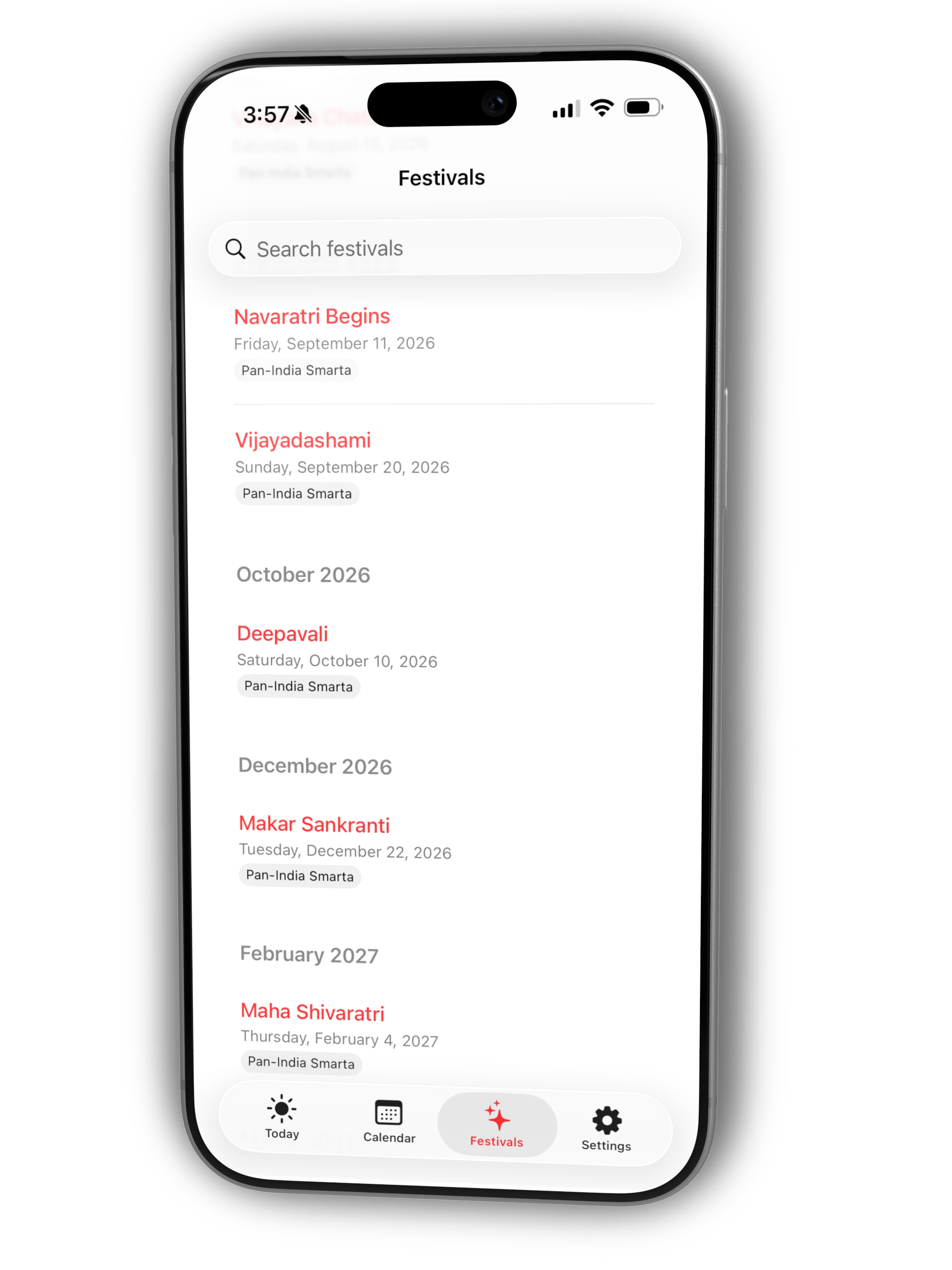 Festivals screen with searchable Hindu festival listings