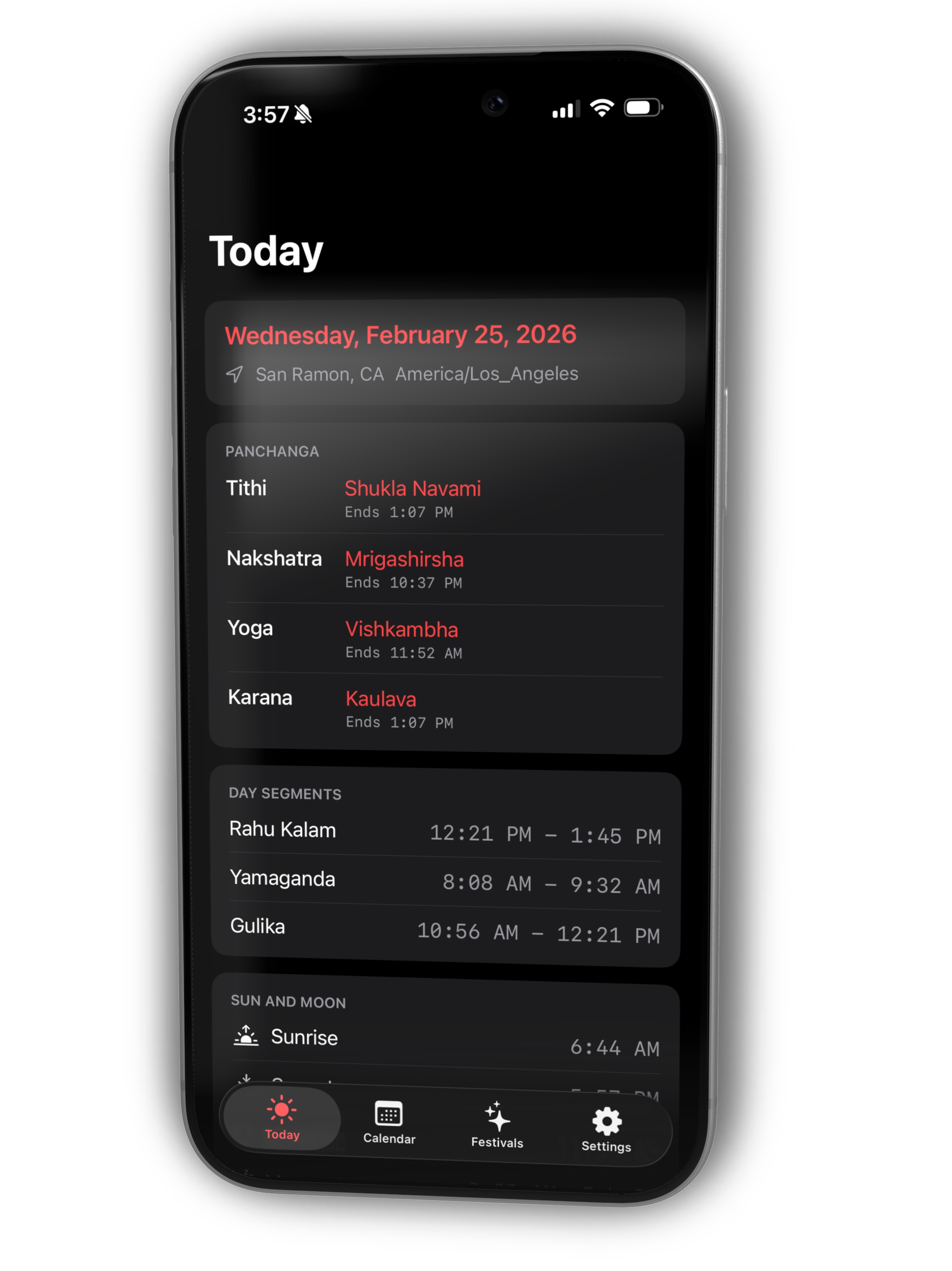 Dark mode today screen with Panchanga and day segments